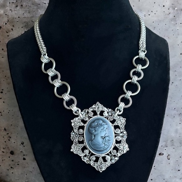 Silverskylight Jewelry - Stainless steel necklace double wheat chain blue grey cameo